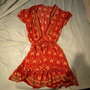 Red gold mini wrap dress
